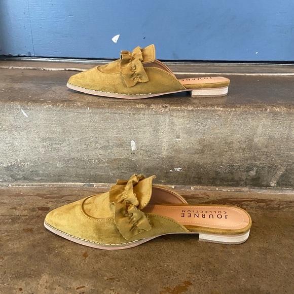 Journee Collection Olive Green Ruffle Suede Pointed Mule Loafers - Picture 3 of 6